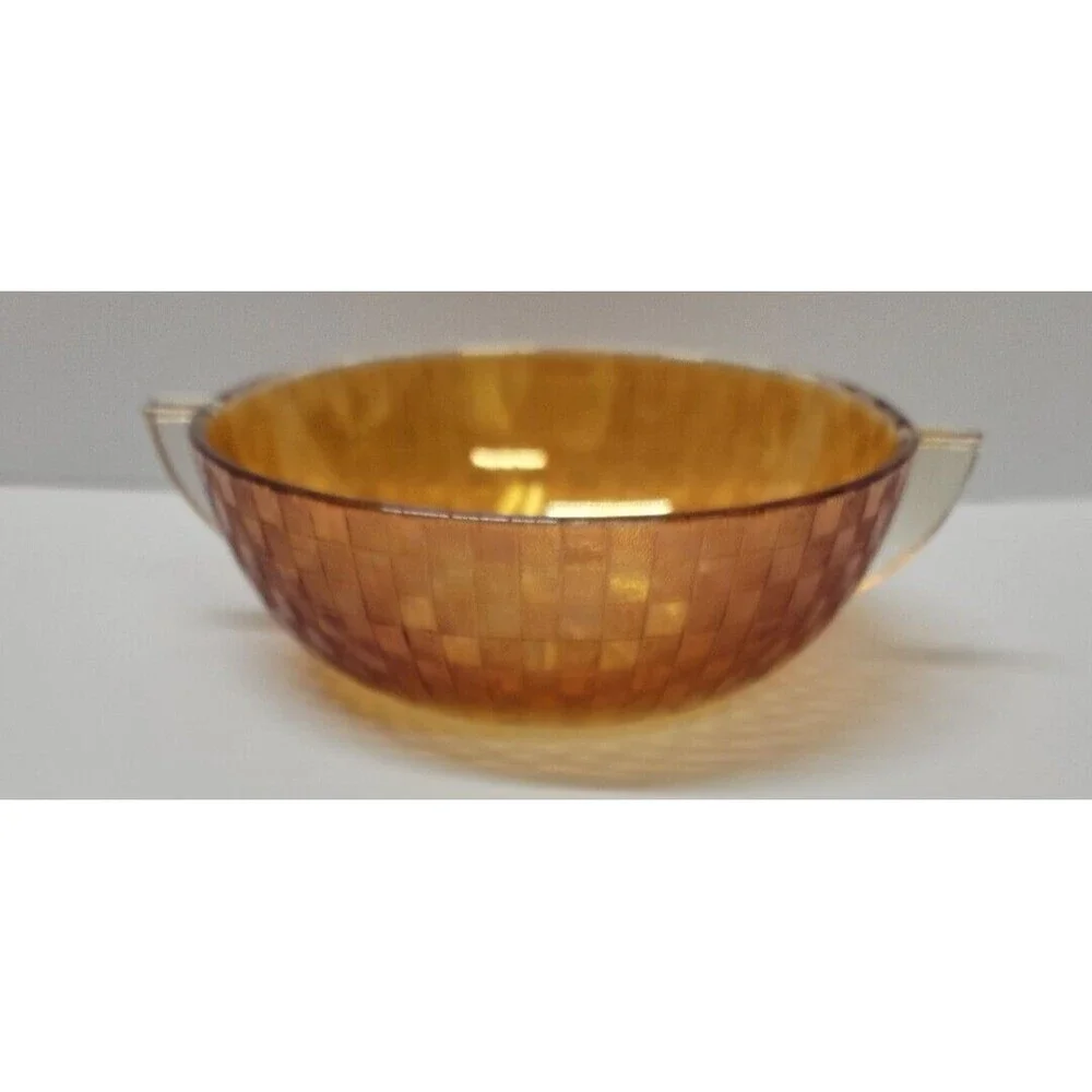 Iridescent checkered patterned depression glass bowl w 2 handles